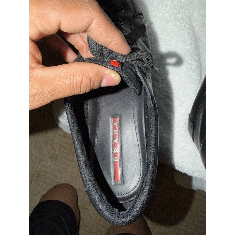 PRADA Men's Leather Lace-Up Sneaker Black/Red Stripe EU 42 US 9 4E3256